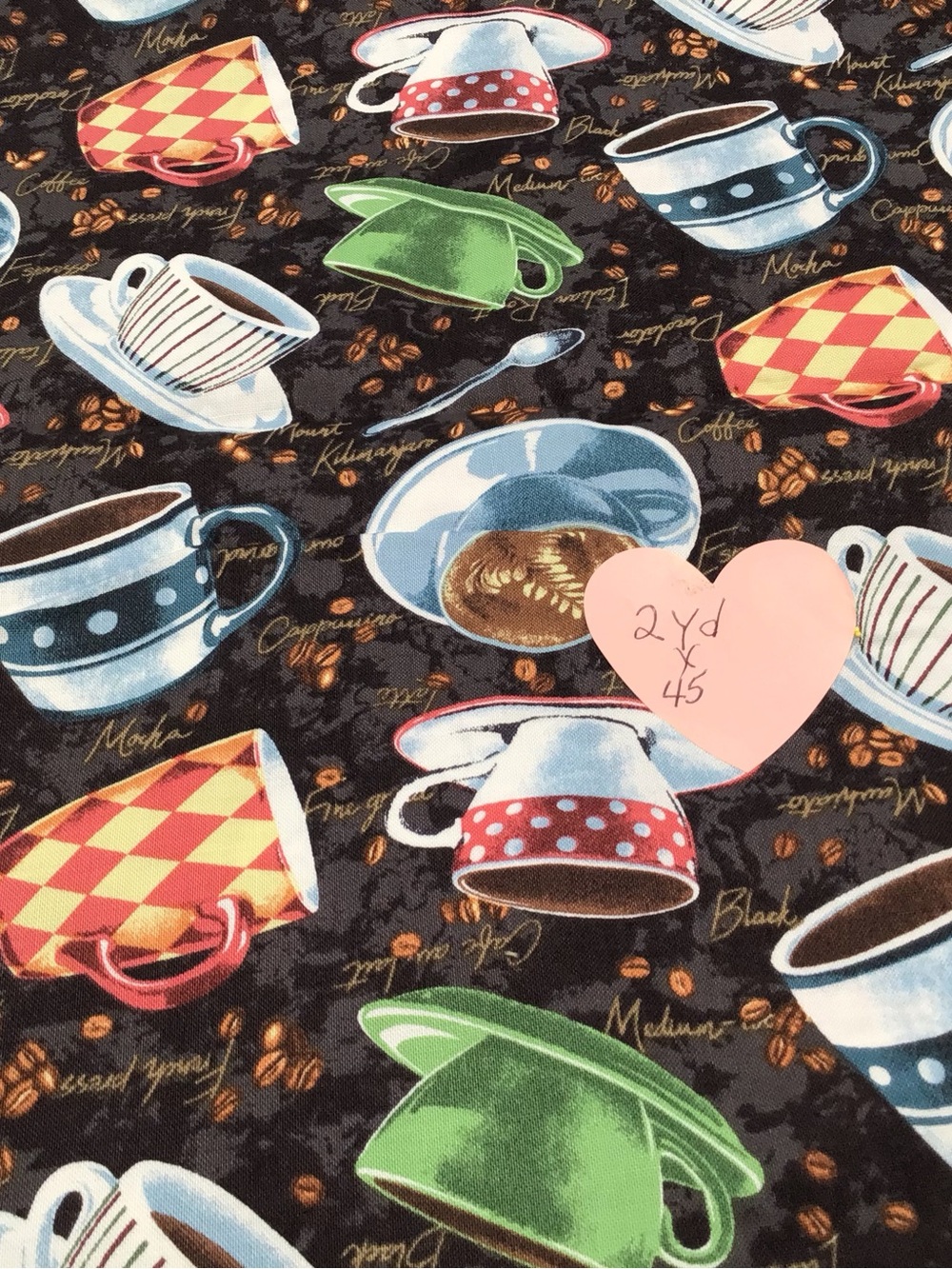 Coffee Cup Cotton Fabric Print by - Black with Multicolor Cups